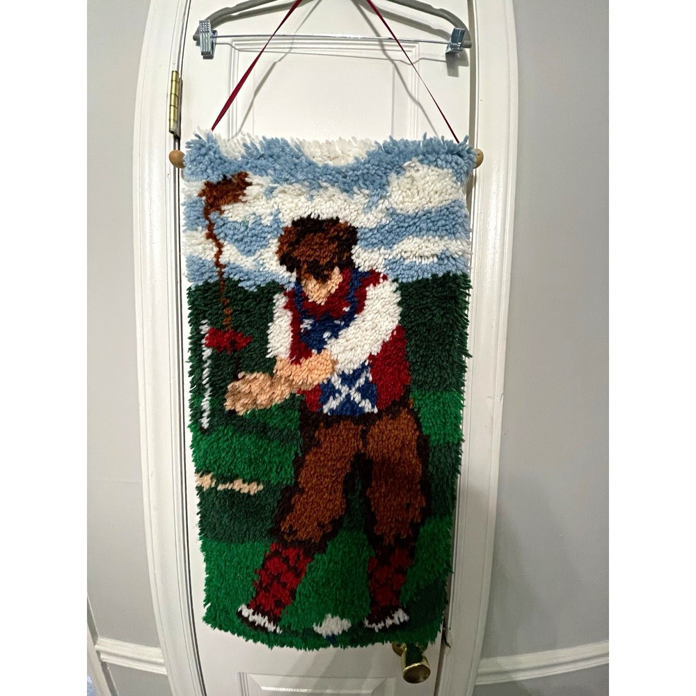 Vintage Latch Hook Needlepoint Wall Hanging Golfer Swing Scene Retro Textile Art